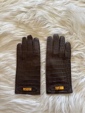 Hermes Crocodile Soya Gloves Alligator Brown Size 7.5